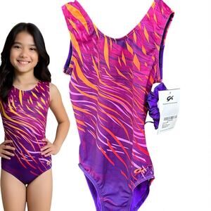 GK ELITE NWT Gymnastics Leotard ROYAL JESTER Show Stopper Purple Orange Child L